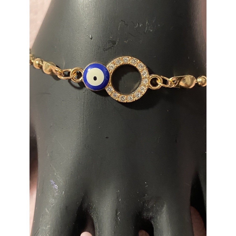 NEW GOLD BLING PAVE CRYSTAL RHINESTONE BLUE EVIL EYE BRACELET Protect Reject
